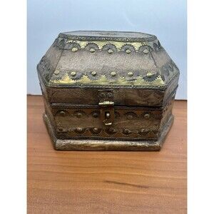 Vintage Hexagonal Wood Box Chest Lidded with Metal Detailing Made in India